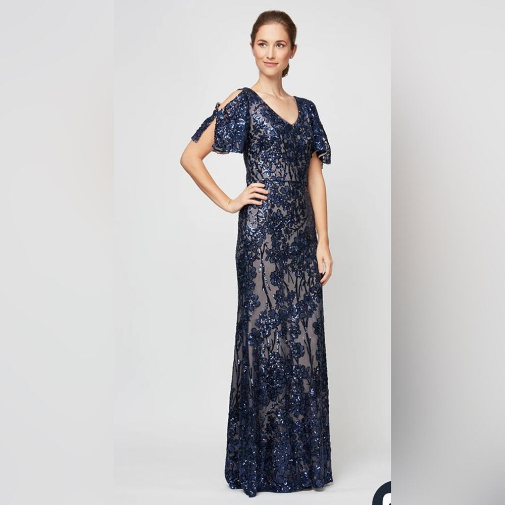 NWT ALEX EVENINGS Long V-Neck Sequin Dress Cold Shoulder Flutter Sleeve Navy 12